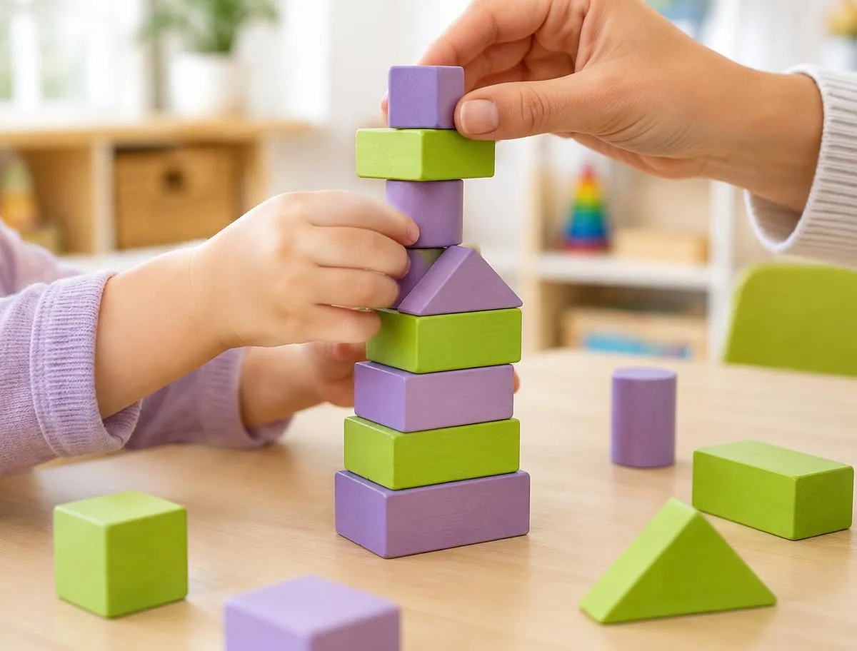 A child's hands and a teacher's hand building a tower of purple and green wooden blocks together