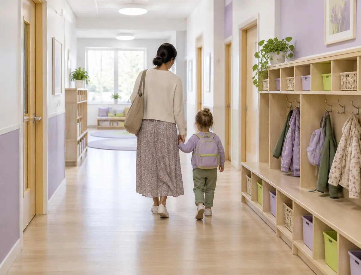 A parent and young child, seen from behind, walking hand in hand down a bright nursery corridor lined with coat hooks and cubbies