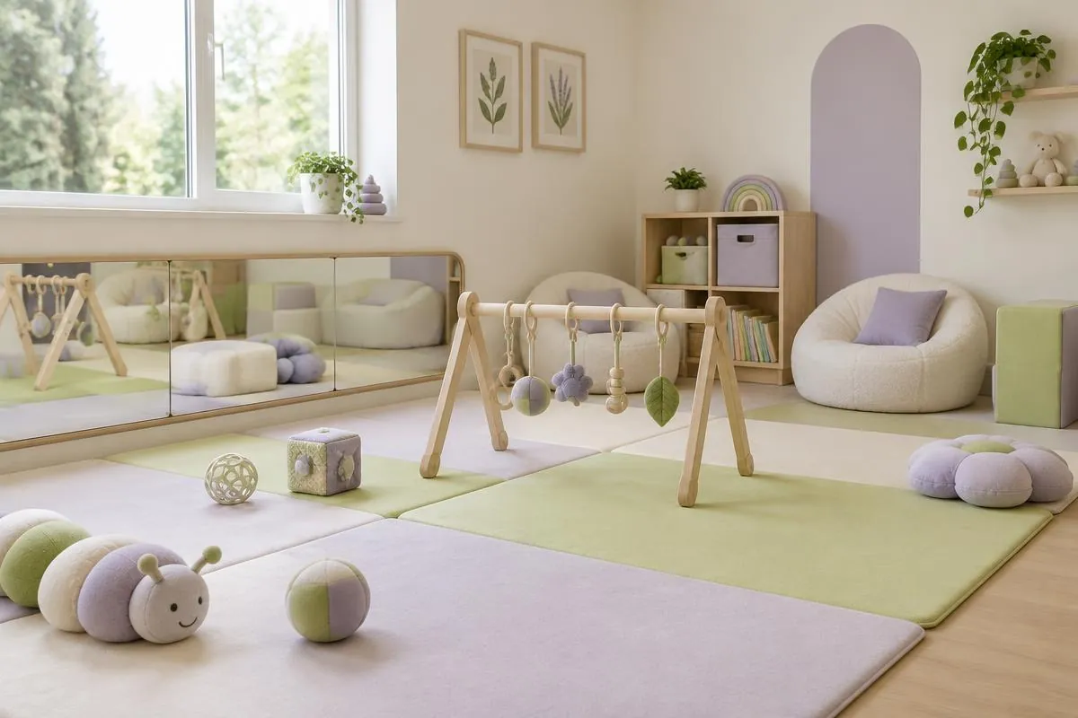 Calm baby room with soft purple and green floor mats, a wooden baby gym and soft sensory toys