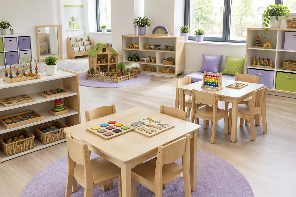 Pre-school room with small wooden tables, puzzles, an abacus and a wooden dolls' house
