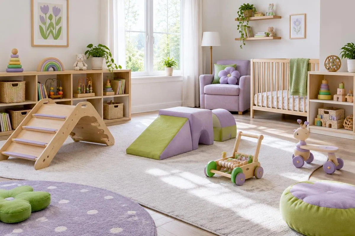 Toddler room with a wooden climbing triangle, soft play ramps, a push-along walker and toys on low shelves