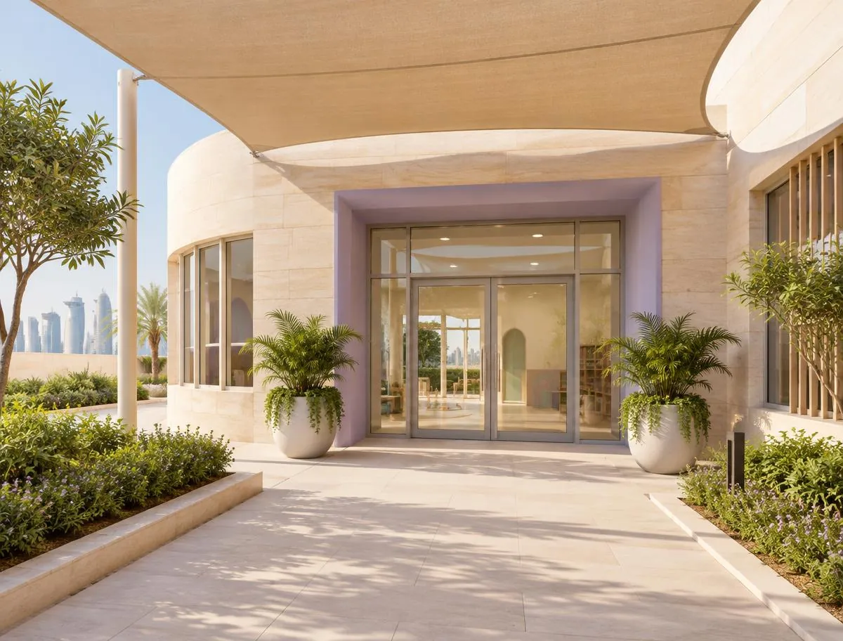 Welcoming nursery entrance with glass doors, a shaded canopy, large potted plants and a sunny pathway