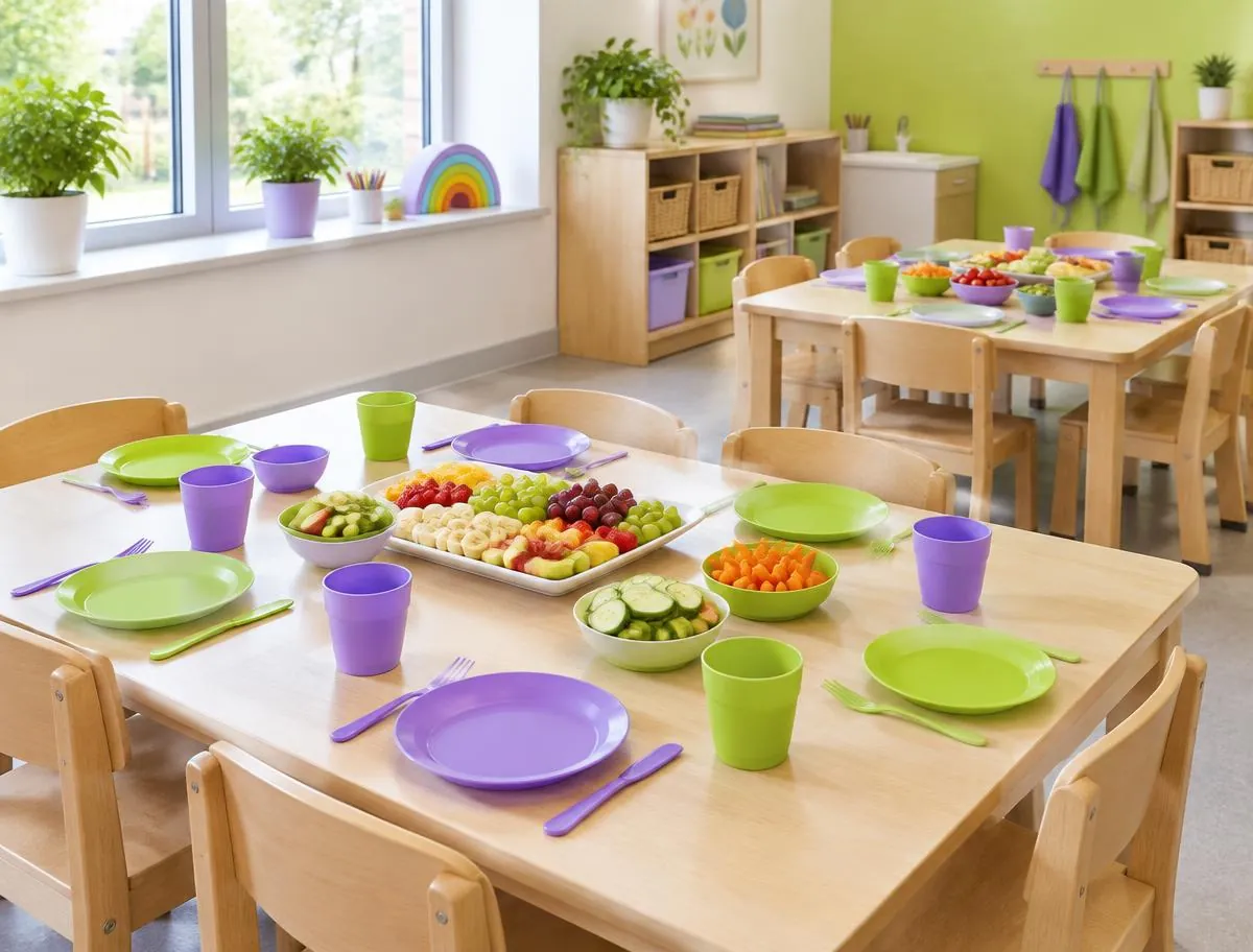 Child-sized dining tables set with purple and green plates and cups, fresh fruit and vegetable snacks