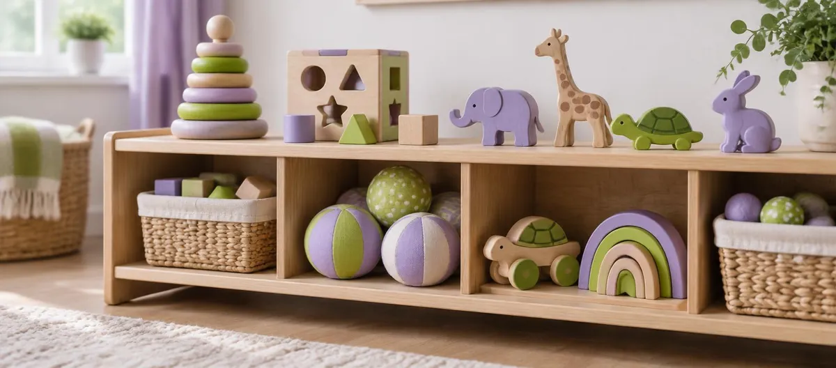 Wooden toys on a low shelf: stacking rings, a shape sorter, wooden animals, soft balls and a rainbow stacker