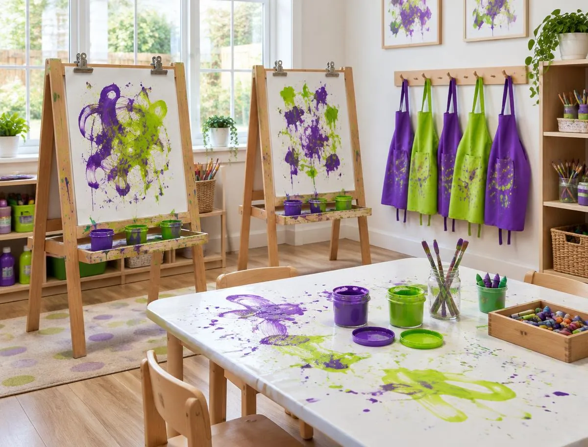 Art corner with children's easels, purple and green paintings, paint pots and aprons on hooks