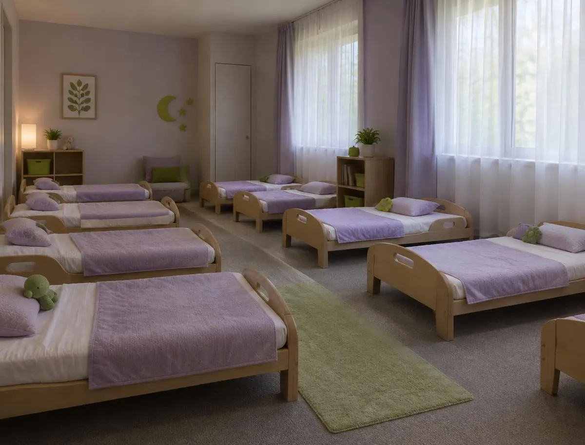 Quiet nap room with low wooden toddler beds and soft purple blankets