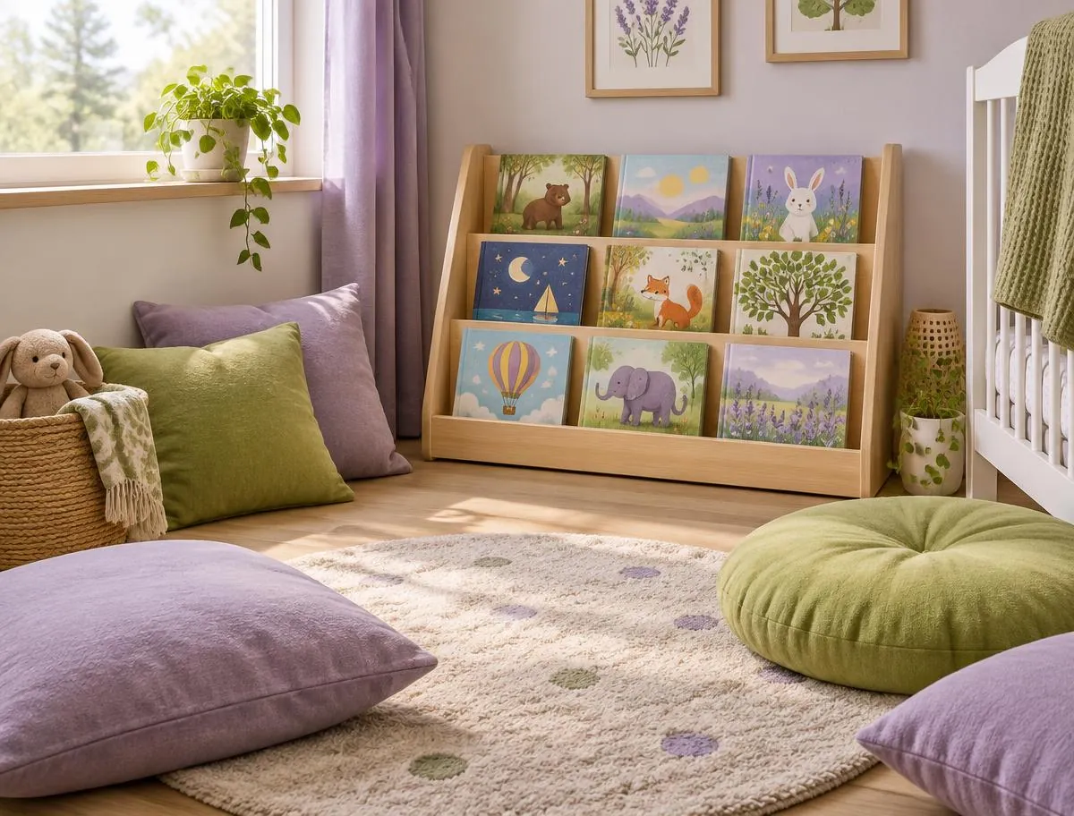 Cosy reading corner with picture books on a low wooden bookshelf and soft floor cushions