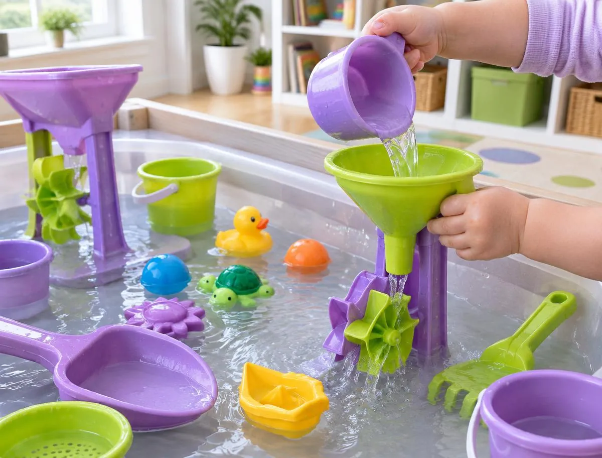 Water play tray with a toddler's hands pouring water through a green funnel, surrounded by bath toys