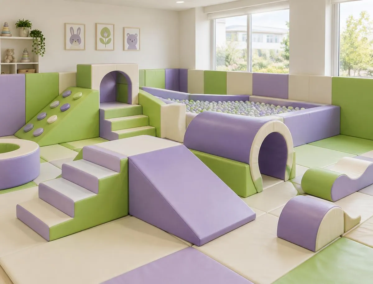 Indoor soft play area with padded purple and green steps, ramps, a tunnel and a ball pit