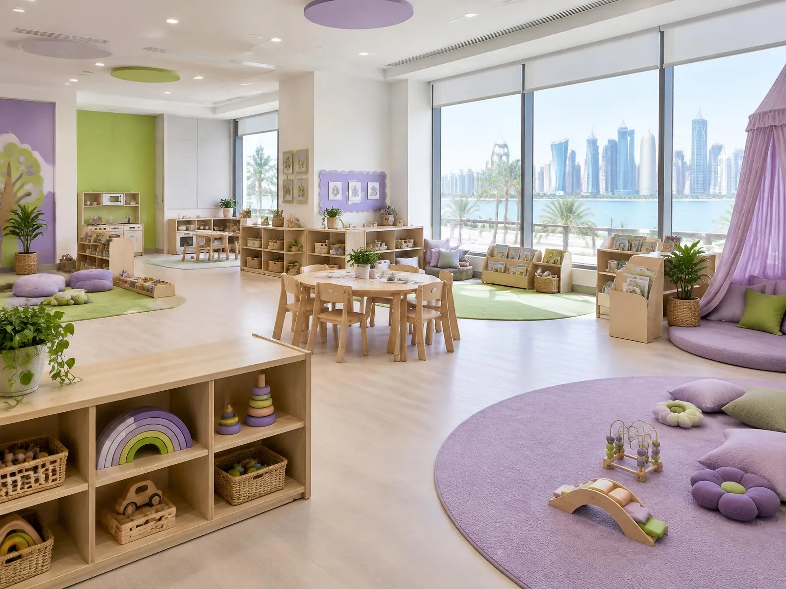 Bright, open nursery classroom with light wooden shelves of toys, small tables and chairs, a purple play rug and a cosy reading nook by large windows